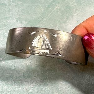 Vintage Pewter adjustable cuff with etched sailboat design